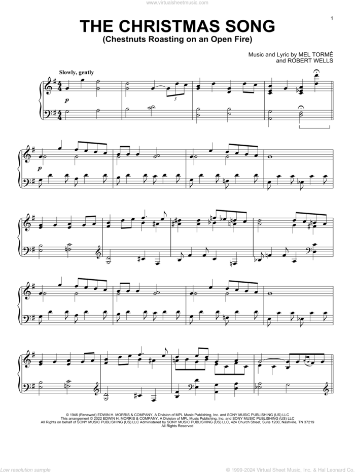 The Christmas Song (Chestnuts Roasting On An Open Fire) sheet music for piano solo by Mel Torme and Robert Wells, intermediate skill level