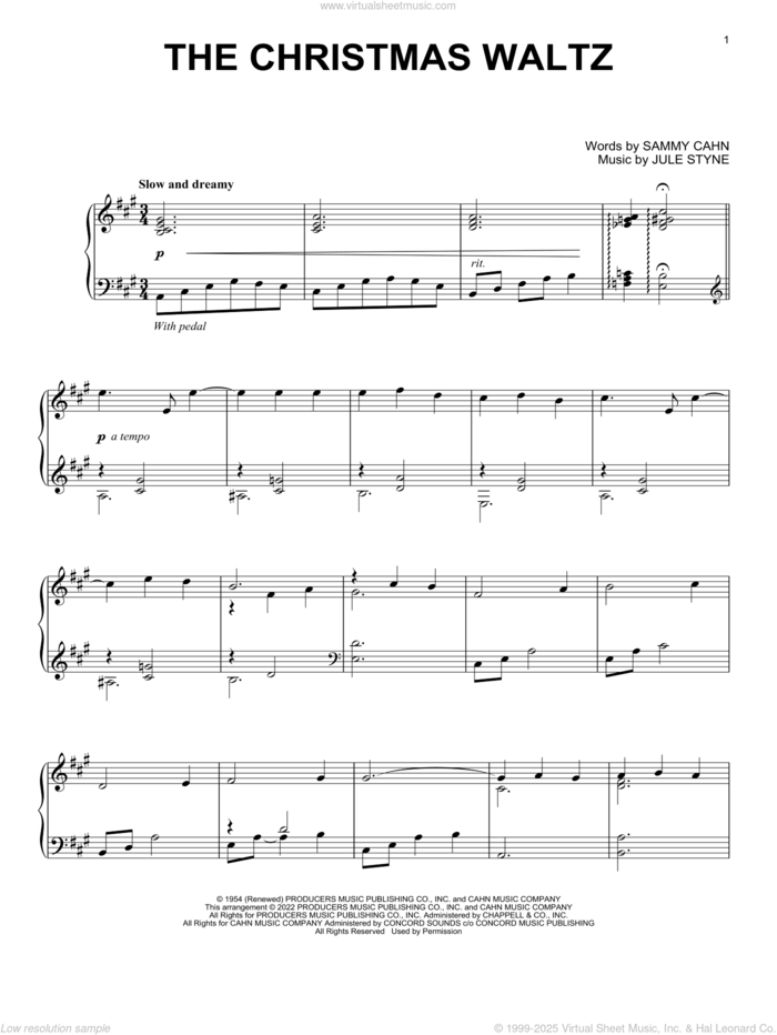The Christmas Waltz, (intermediate) sheet music for piano solo by Sammy Cahn and Jule Styne, intermediate skill level