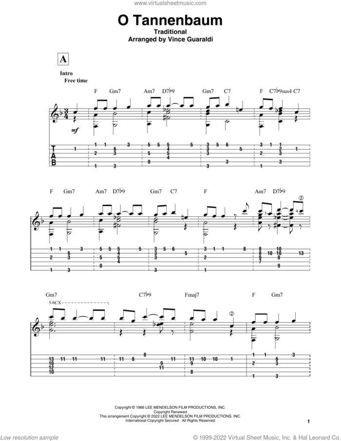 O Tannenbaum (from A Charlie Brown Christmas) sheet music for guitar solo by Vince Guaraldi and Miscellaneous, intermediate skill level