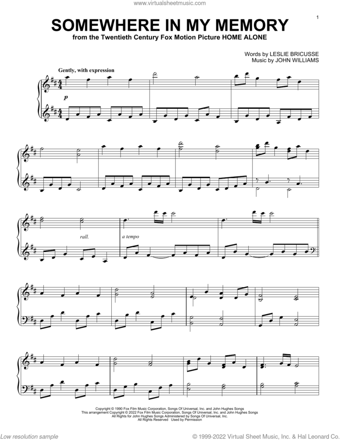 Somewhere In My Memory (from Home Alone) sheet music for piano solo by John Williams and Leslie Bricusse, intermediate skill level