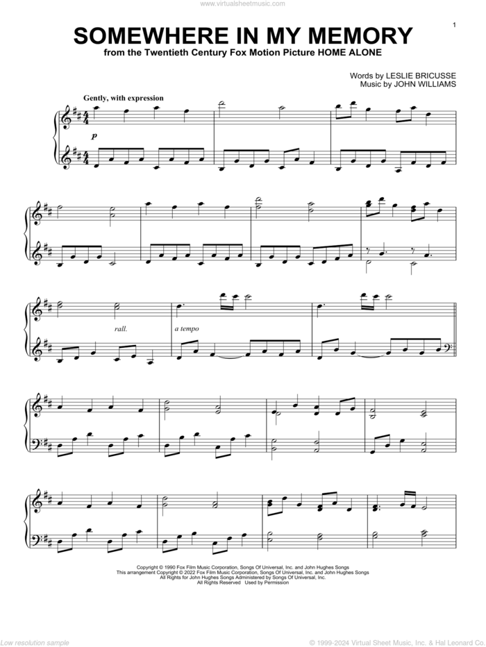 Somewhere In My Memory (from Home Alone) sheet music for piano solo by John Williams and Leslie Bricusse, intermediate skill level