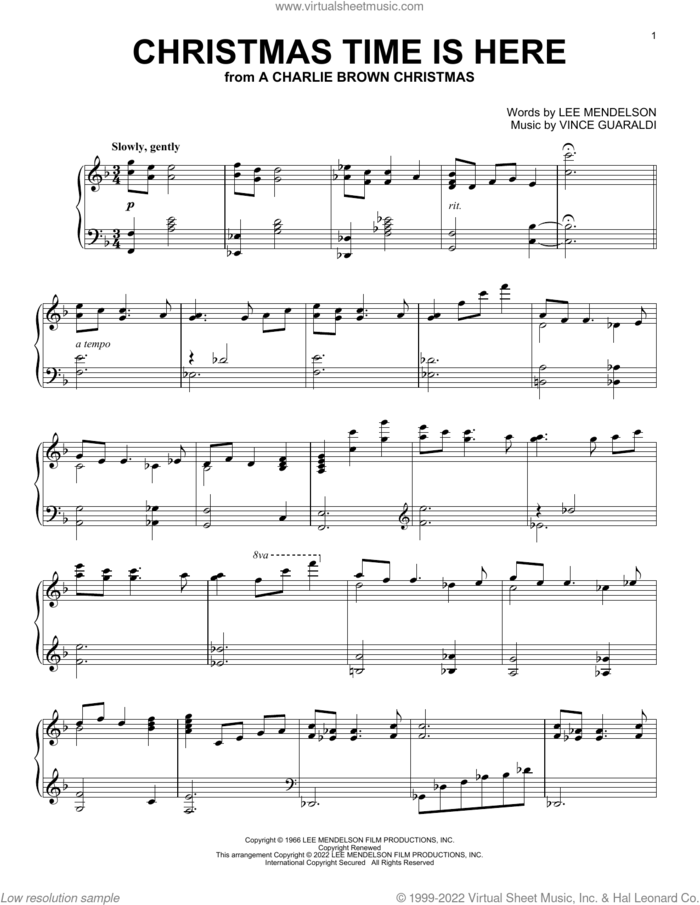 Christmas Time Is Here (from A Charlie Brown Christmas) sheet music for piano solo by Vince Guaraldi and Lee Mendelson, intermediate skill level