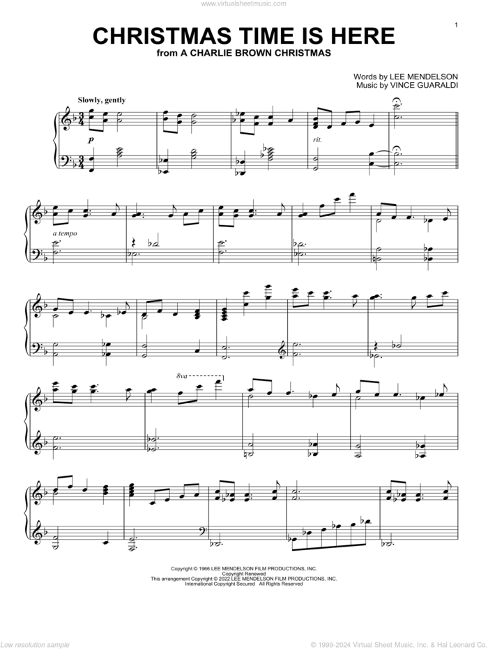 Christmas Time Is Here (from A Charlie Brown Christmas) sheet music for piano solo by Vince Guaraldi and Lee Mendelson, intermediate skill level