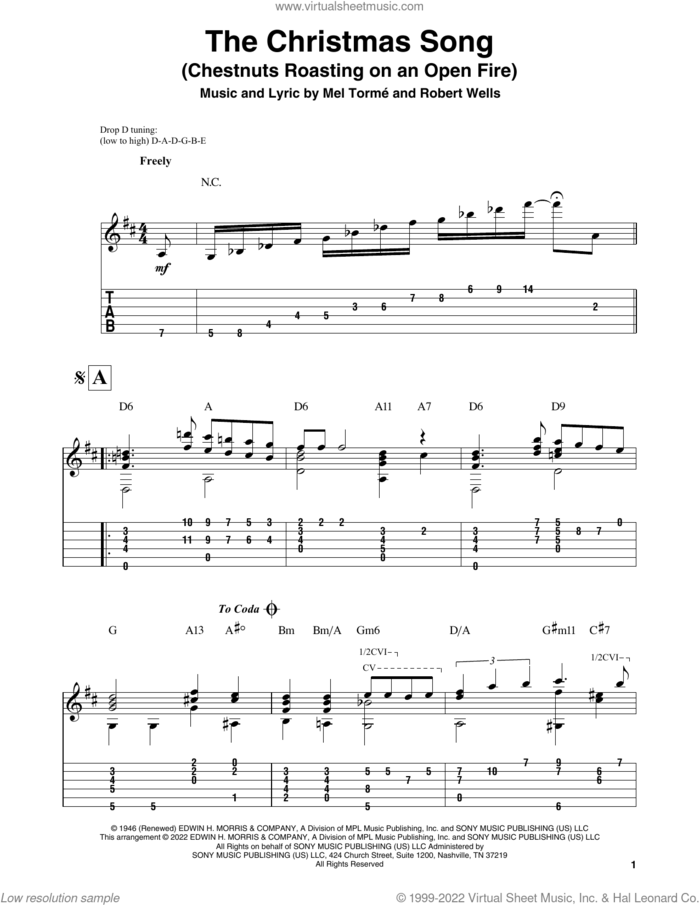 The Christmas Song (from A Charlie Brown Christmas) sheet music for guitar solo by Mel Torme, Vince Guaraldi and Robert Wells, intermediate skill level