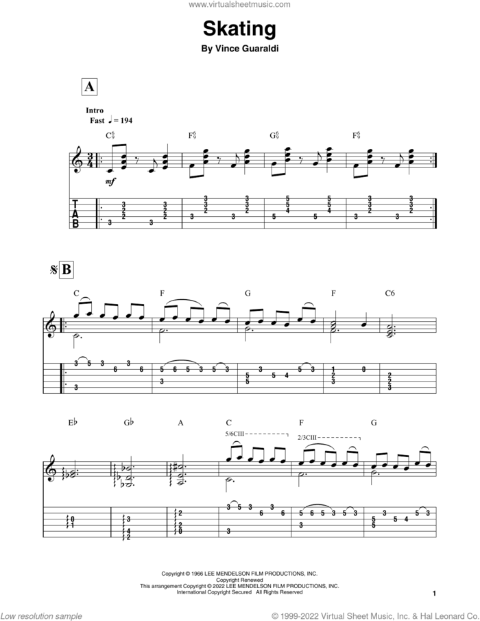 Skating (from A Charlie Brown Christmas) sheet music for guitar solo by Vince Guaraldi, intermediate skill level