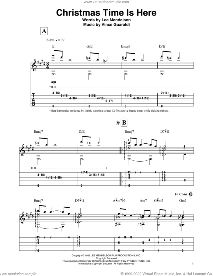 Christmas Time Is Here (from A Charlie Brown Christmas) sheet music for guitar solo by Vince Guaraldi and Lee Mendelson, intermediate skill level