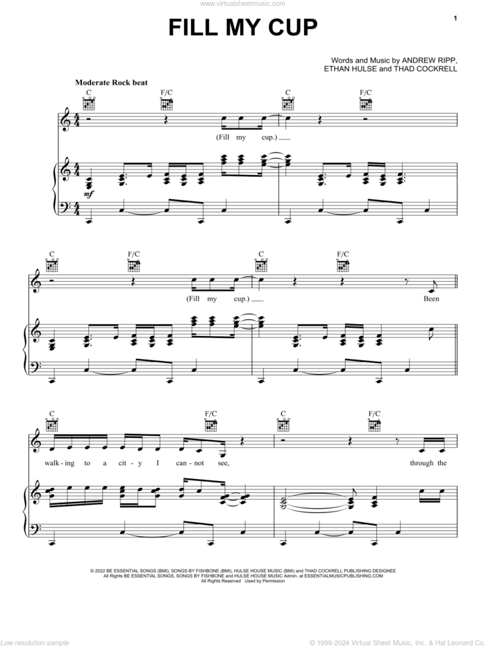 Fill My Cup sheet music for voice, piano or guitar by Andrew Ripp, Ethan Hulse and Thad Cockrell, intermediate skill level