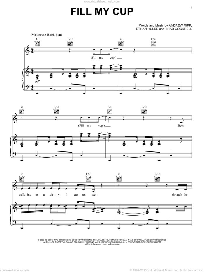 Fill My Cup sheet music for voice, piano or guitar by Andrew Ripp, Ethan Hulse and Thad Cockrell, intermediate skill level