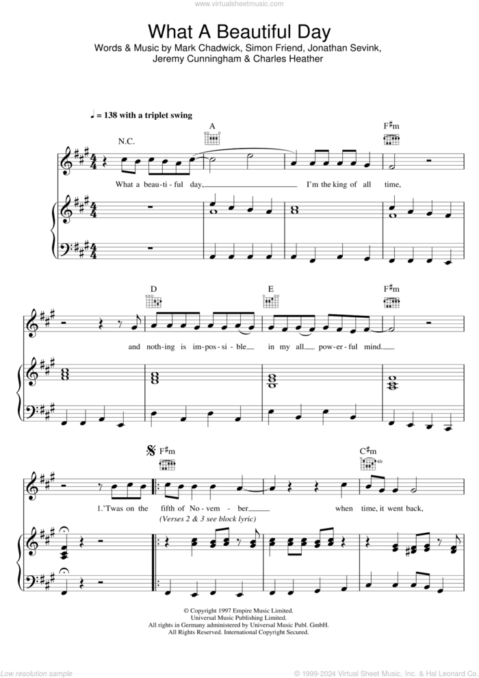 What A Beautiful Day sheet music for voice, piano or guitar by The Levellers, Charles Heather, Jeremy Cunningham, Jonathan Sevink, Mark Chadwick and Simon Friend, intermediate skill level