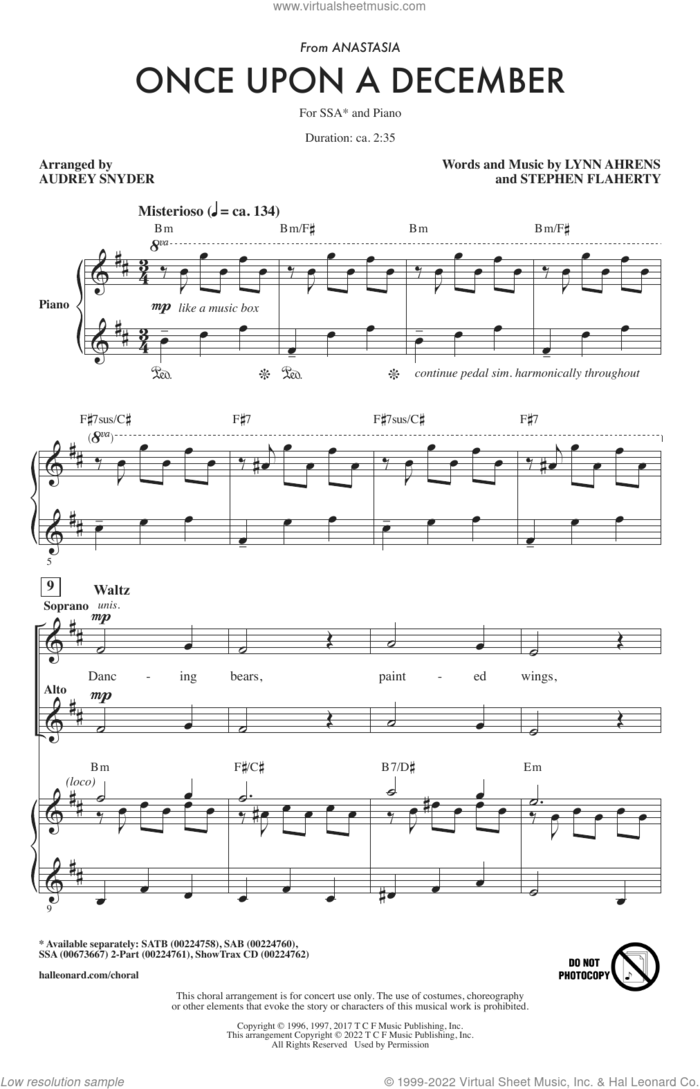 Once Upon A December (from Anastasia) (arr. Audrey Snyder) sheet music for choir (SSA: soprano, alto) by Lynn Ahrens and Stephen Flaherty, Audrey Snyder, Lynn Ahrens and Stephen Flaherty, intermediate skill level