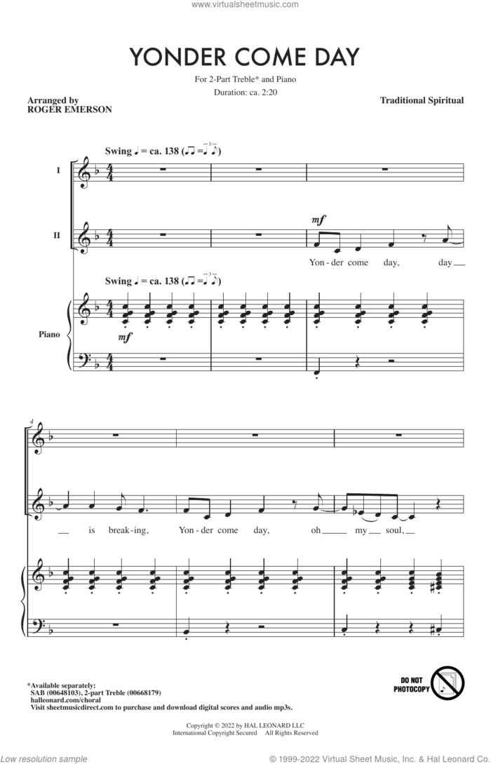 Yonder Come Day (arr. Roger Emerson) sheet music for choir (2-Part)  and Roger Emerson, intermediate duet