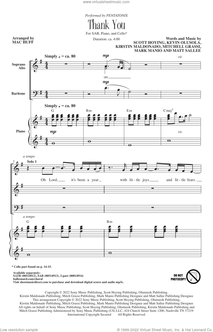 Thank You (arr. Mac Huff) sheet music for choir (SAB: soprano, alto, bass) by Pentatonix, Mac Huff, Mark Manio and Scott Hoying, intermediate skill level