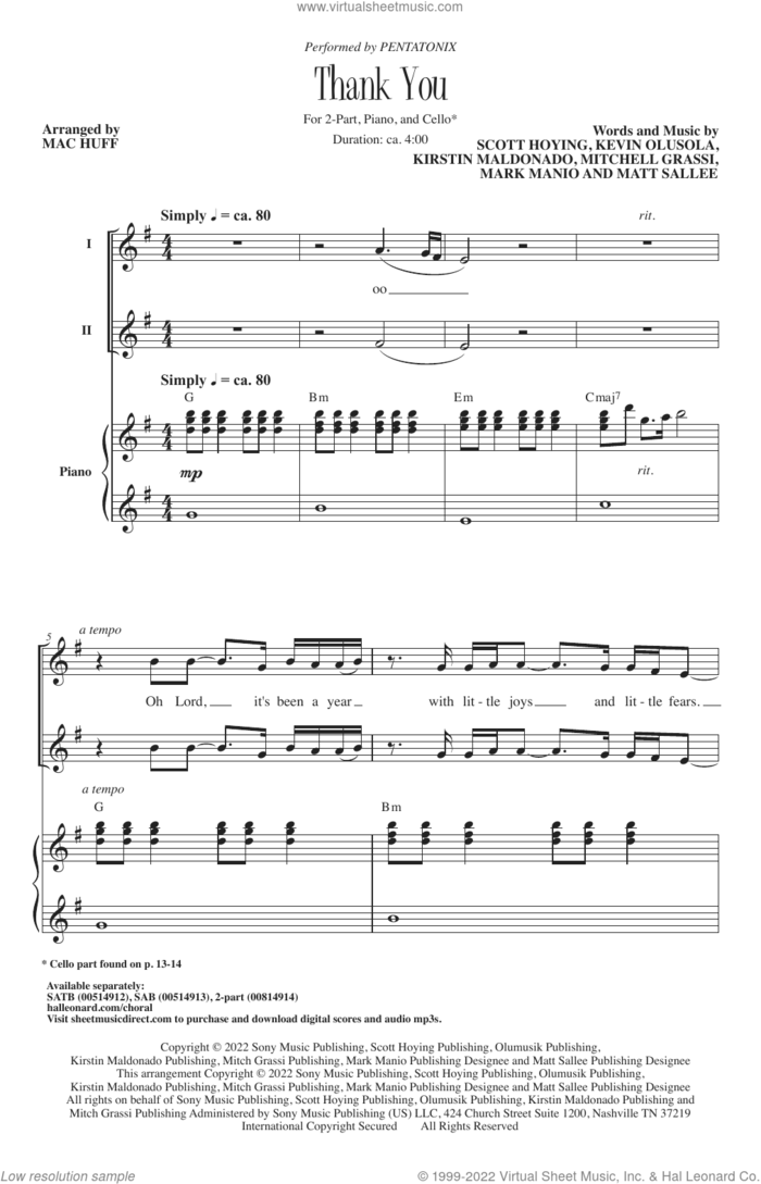 Thank You (arr. Mac Huff) sheet music for choir (2-Part) by Pentatonix, Mac Huff, Mark Manio and Scott Hoying, intermediate duet