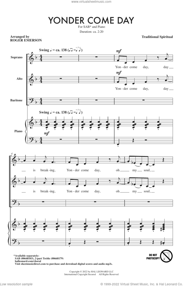 Yonder Come Day (arr. Roger Emerson) sheet music for choir (SAB: soprano, alto, bass)  and Roger Emerson, intermediate skill level