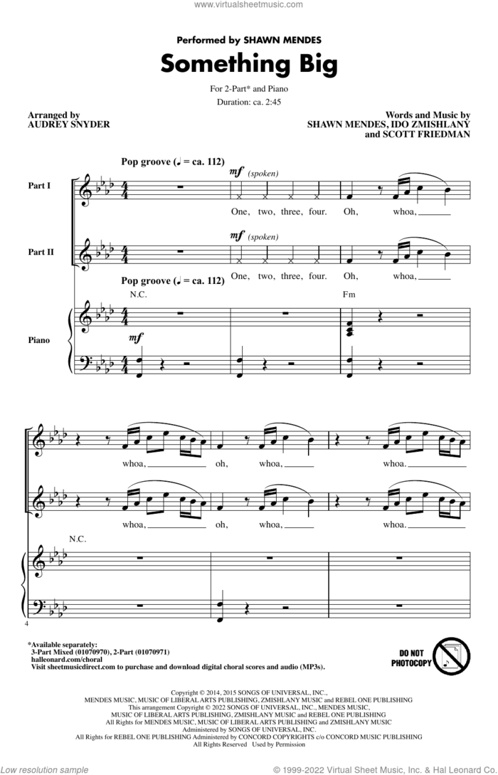 Something Big (arr. Audrey Snyder) sheet music for choir (2-Part) by Shawn Mendes, Audrey Snyder, Ido Zmishlany and Scott Friedman, intermediate duet