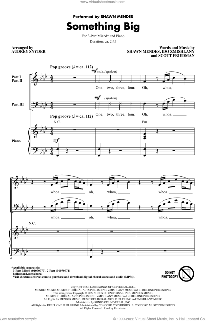 Something Big (arr. Audrey Snyder) sheet music for choir (3-Part Mixed) by Shawn Mendes, Audrey Snyder, Ido Zmishlany and Scott Friedman, intermediate skill level