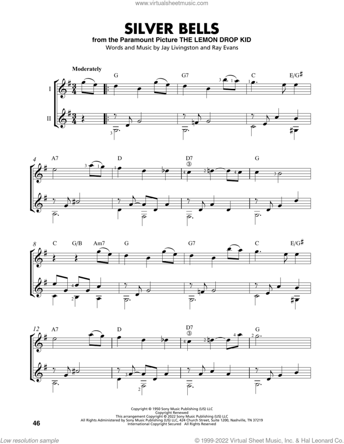 Silver Bells (arr. Mark Phillips) sheet music for guitar solo (easy tablature) by Jay Livingston, Mark Phillips and Ray Evans, easy guitar (easy tablature)