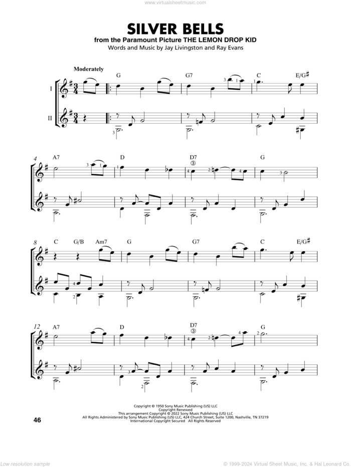 Silver Bells (arr. Mark Phillips) sheet music for guitar solo (easy tablature) by Jay Livingston, Mark Phillips and Ray Evans, easy guitar (easy tablature)