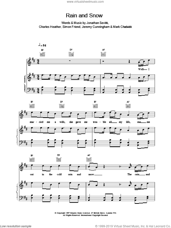 Rain And Snow sheet music for voice, piano or guitar by The Levellers, intermediate skill level