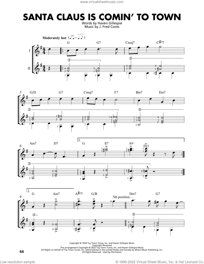 Santa Claus Is Comin' To Town (arr. Mark Phillips) sheet music for guitar solo (easy tablature) by J. Fred Coots, Mark Phillips and Haven Gillespie, easy guitar (easy tablature)
