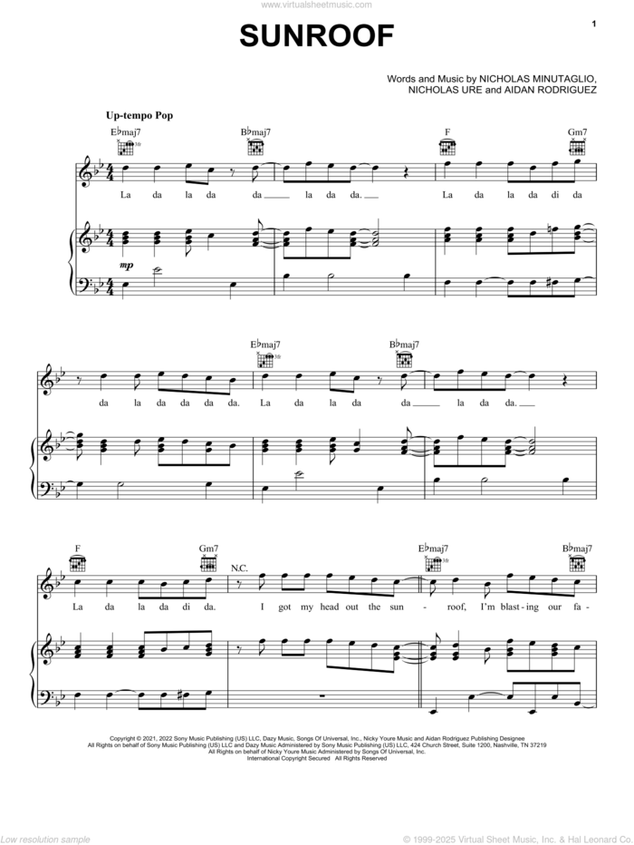 Sunroof sheet music for voice, piano or guitar by Nicky Youre & dazy, Aidan Rodriguez, Nicholas Minutaglio and Nicholas Ure, intermediate skill level