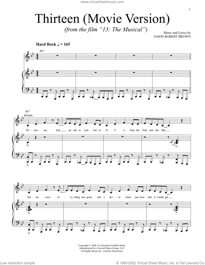 Thirteen (from 13: The Musical) (Netflix film) sheet music for voice and piano by Jason Robert Brown, intermediate skill level
