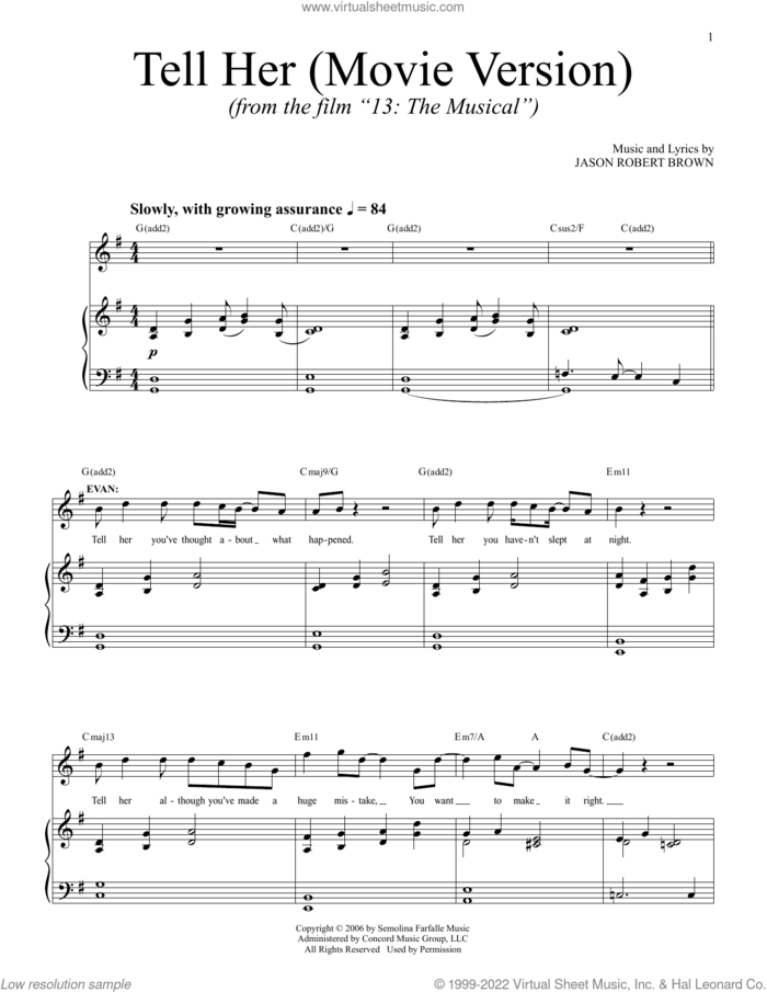 Tell Her (from 13: The Musical) (Netflix film) sheet music for voice and piano by Jason Robert Brown, intermediate skill level