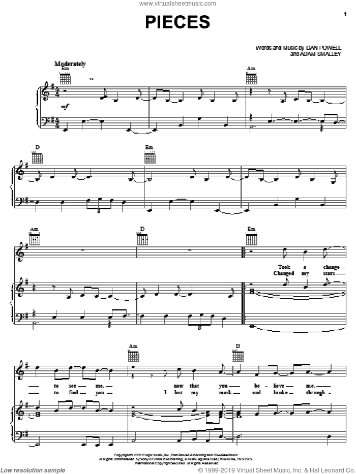 Pieces sheet music for voice, piano or guitar by Dan Powell and Adam Smalley, intermediate skill level