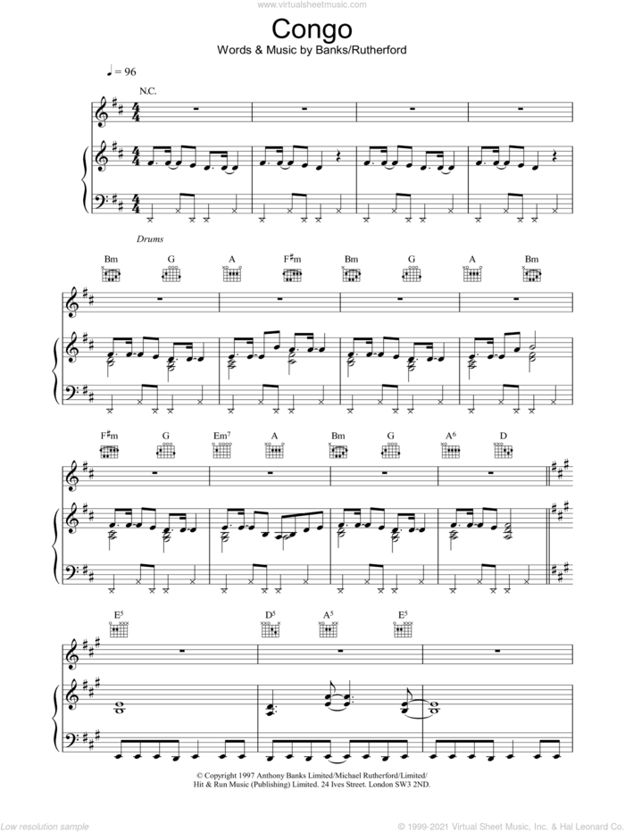 Congo sheet music for voice, piano or guitar by Genesis, intermediate skill level