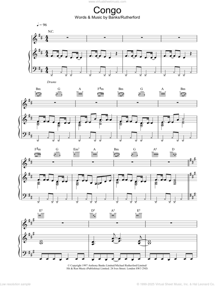 Congo sheet music for voice, piano or guitar by Genesis, intermediate skill level