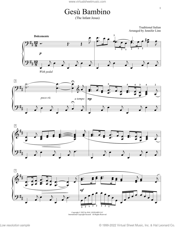 Gesu Bambino (arr. Jennifer Linn) sheet music for piano solo (elementary) by Traditional Italian and Jennifer Linn, beginner piano (elementary)