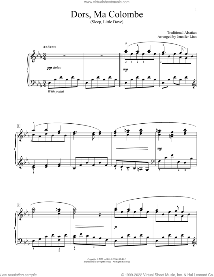 Sleep Little Dove (arr. Jennifer Linn) sheet music for piano solo (elementary) by Traditional Alsatian and Jennifer Linn, beginner piano (elementary)