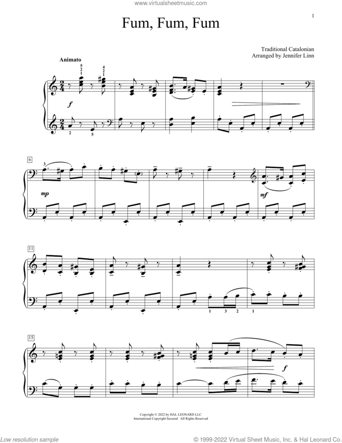 Fum, Fum, Fum (arr. Jennifer Linn) sheet music for piano solo (elementary) by Traditional Catalonian and Jennifer Linn, beginner piano (elementary)
