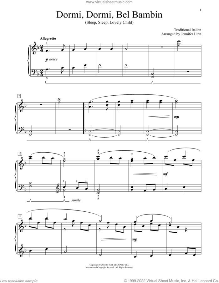 Dormi, Dormi, Bel Bambino (arr. Jennifer Linn) sheet music for piano solo (elementary) by Traditional Italian and Jennifer Linn, beginner piano (elementary)