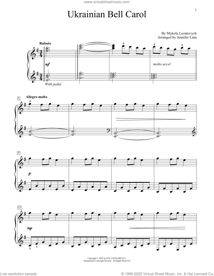Ukrainian Bell Carol (arr. Jennifer Linn) sheet music for piano solo (elementary) by Mykola Leontovych and Jennifer Linn, beginner piano (elementary)