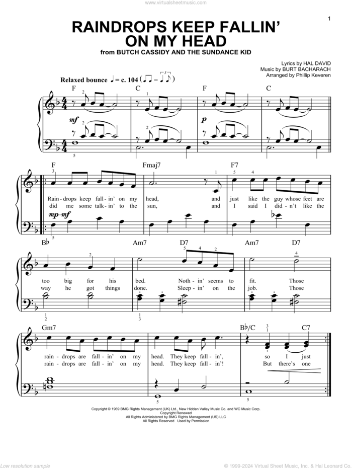 Raindrops Keep Fallin' On My Head (arr. Phillip Keveren) sheet music for piano solo by B.J. Thomas, Phillip Keveren, Burt Bacharach and Hal David, easy skill level