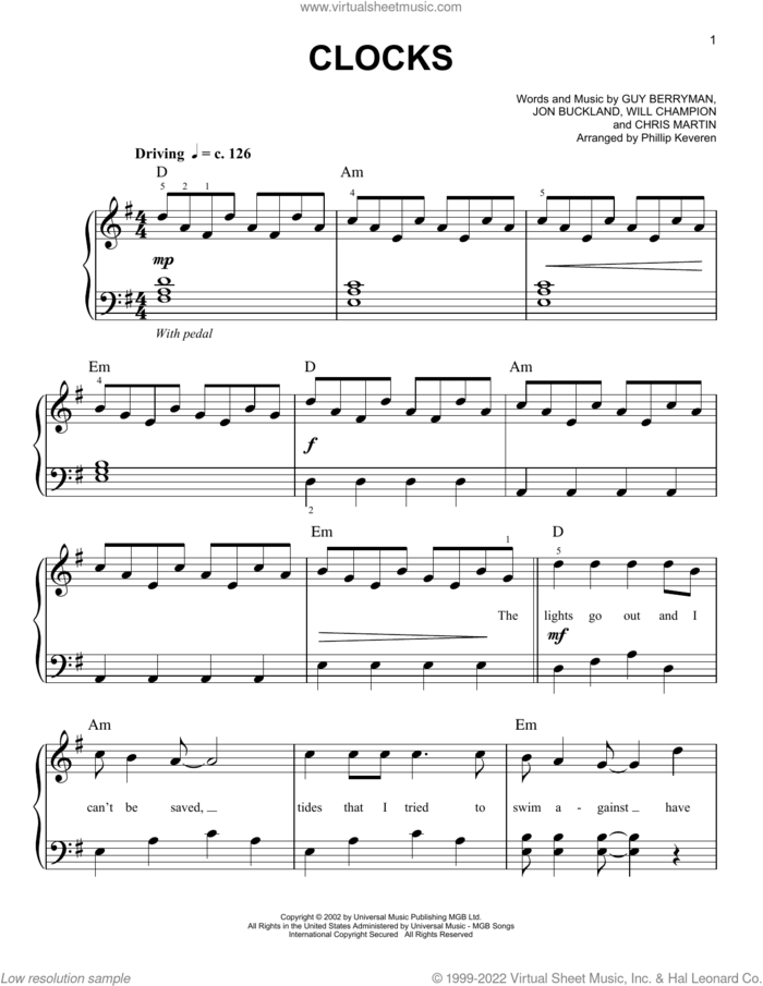 Clocks (arr. Phillip Keveren) sheet music for piano solo by Coldplay, Phillip Keveren, Chris Martin, Guy Berryman, Jon Buckland and Will Champion, easy skill level