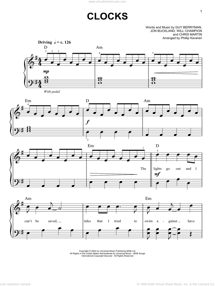 Clocks (arr. Phillip Keveren) sheet music for piano solo by Coldplay, Phillip Keveren, Chris Martin, Guy Berryman, Jon Buckland and Will Champion, easy skill level