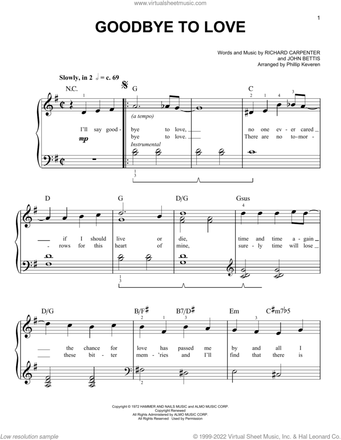 Goodbye To Love (arr. Phillip Keveren), (easy) sheet music for piano solo by Richard Carpenter, Phillip Keveren, Carpenters and John Bettis, easy skill level