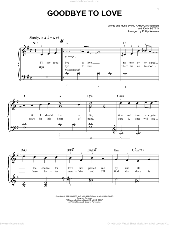 Goodbye To Love (arr. Phillip Keveren), (easy) sheet music for piano solo by Richard Carpenter, Phillip Keveren, Carpenters and John Bettis, easy skill level