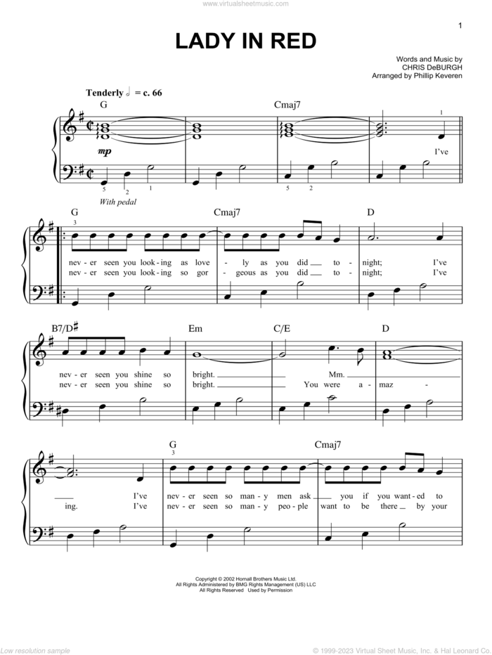 The Lady In Red (arr. Phillip Keveren) sheet music for piano solo by Chris de Burgh and Phillip Keveren, easy skill level