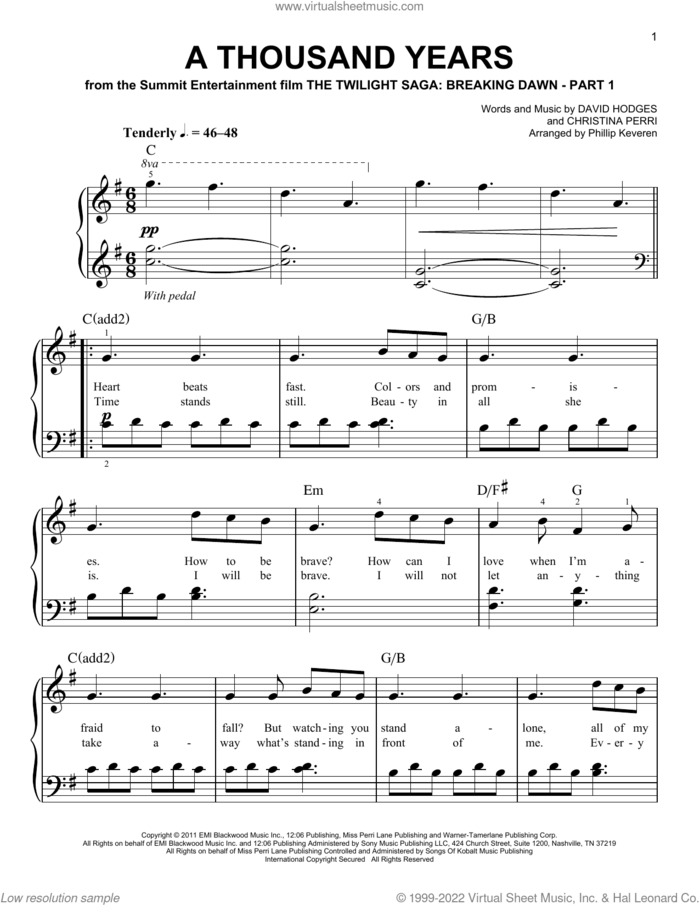 A Thousand Years (arr. Phillip Keveren) sheet music for piano solo by Christina Perri, Phillip Keveren and David Hodges, easy skill level