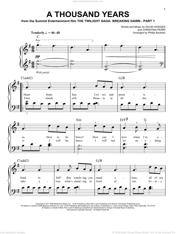 A Thousand Years (arr. Phillip Keveren) sheet music for piano solo by Christina Perri, Phillip Keveren and David Hodges, easy skill level