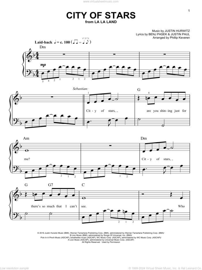 City Of Stars (from La La Land) (arr. Phillip Keveren) sheet music for piano solo by Justin Hurwitz, Phillip Keveren, Benj Pasek and Justin Paul, easy skill level