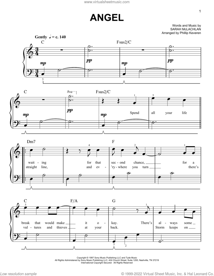 Angel (arr. Phillip Keveren) sheet music for piano solo by Sarah McLachlan and Phillip Keveren, easy skill level