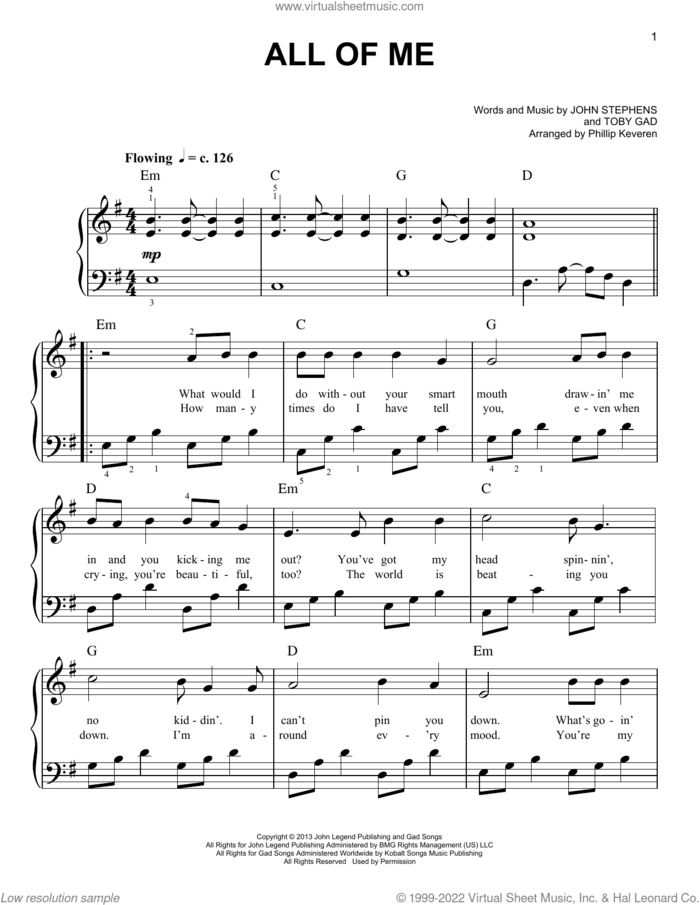 All Of Me (arr. Phillip Keveren) sheet music for piano solo by John Legend, Phillip Keveren, John Stephens and Toby Gad, easy skill level