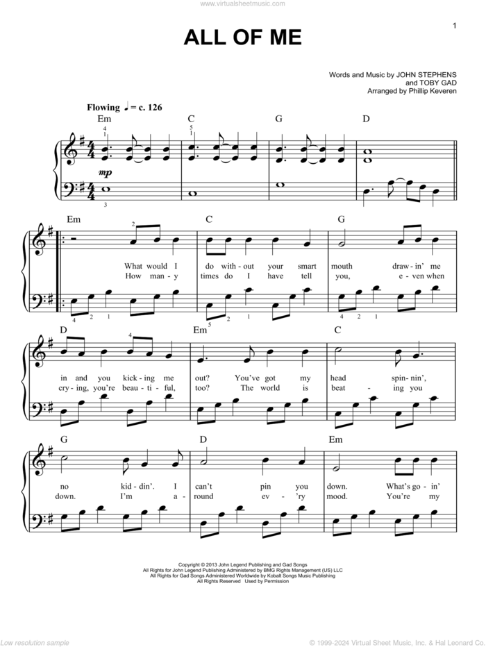 All Of Me (arr. Phillip Keveren) sheet music for piano solo by John Legend, Phillip Keveren, John Stephens and Toby Gad, wedding score, easy skill level