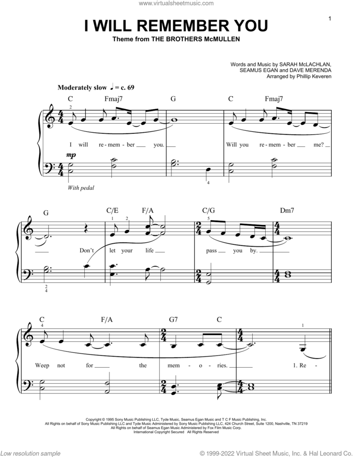 I Will Remember You (arr. Phillip Keveren) sheet music for piano solo by Sarah McLachlan, Phillip Keveren, Dave Merenda and Seamus Egan, easy skill level