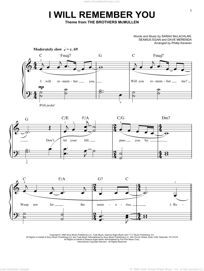 I Will Remember You (arr. Phillip Keveren) sheet music for piano solo by Sarah McLachlan, Phillip Keveren, Dave Merenda and Seamus Egan, easy skill level