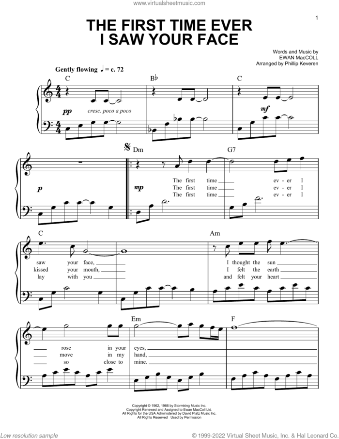 The First Time Ever I Saw Your Face (arr. Phillip Keveren) sheet music for piano solo by Roberta Flack, Phillip Keveren and Ewan MacColl, easy skill level